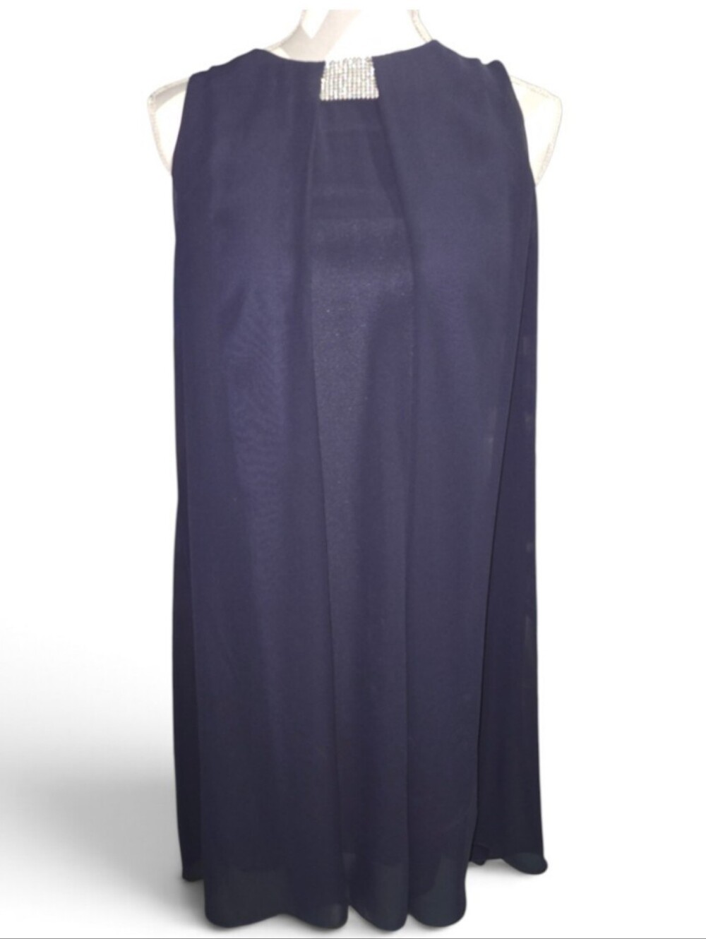 MSK Sleeveless Navy Midi Dress with Rhinestone Neck Accent
